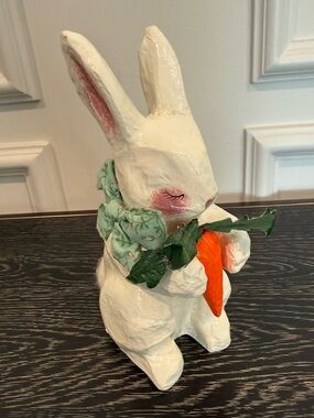 Hand Painted Paper Papier Mache Rabbit Bunny Holding Carrot Figure